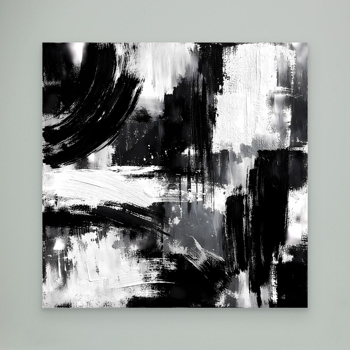 Abstract black-and-white canvas painting with high-contrast brush strokes, unframed