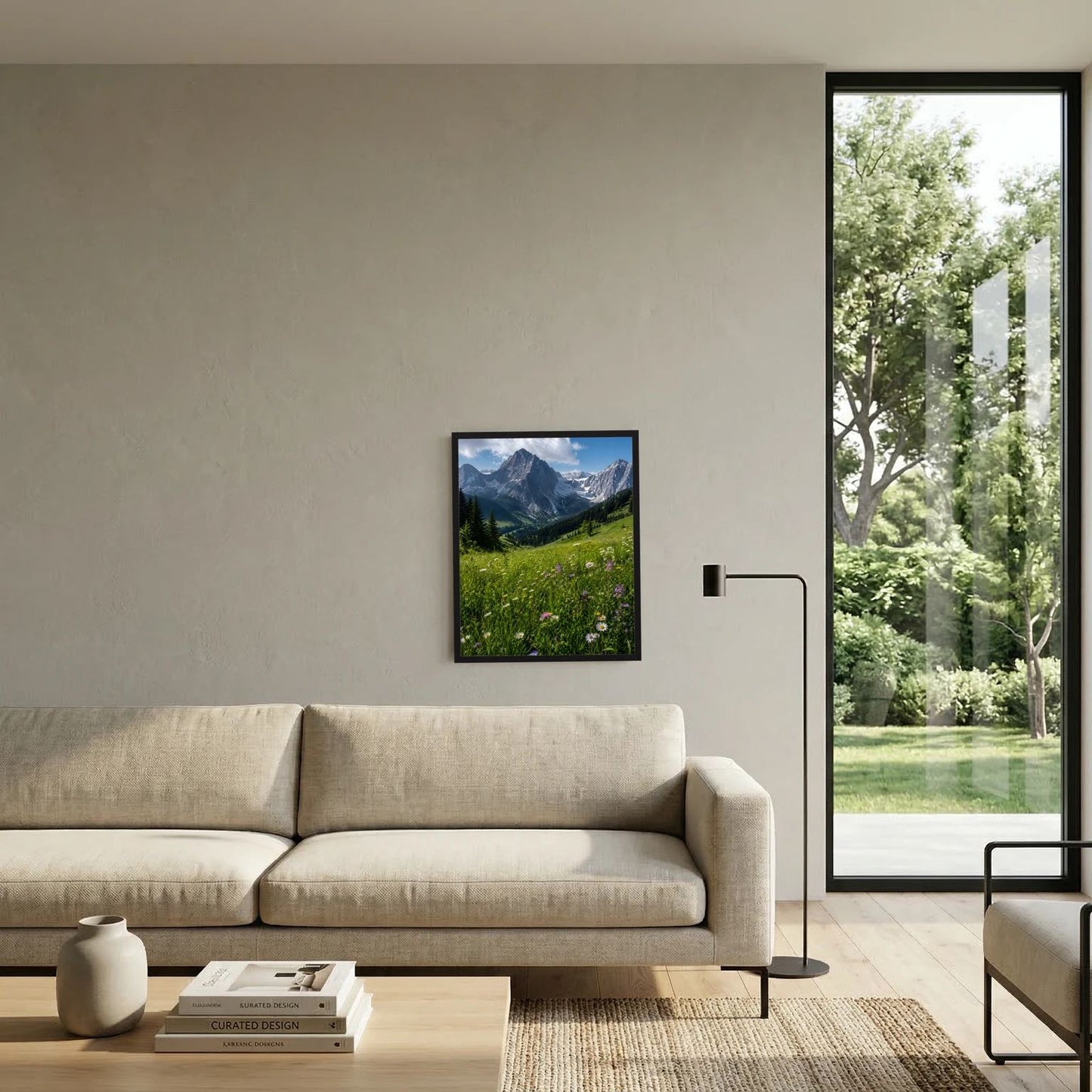 Wandbild im dunklen Rahmen an Wohnzimmerwand, Alpenwiese mit Wildblumen
