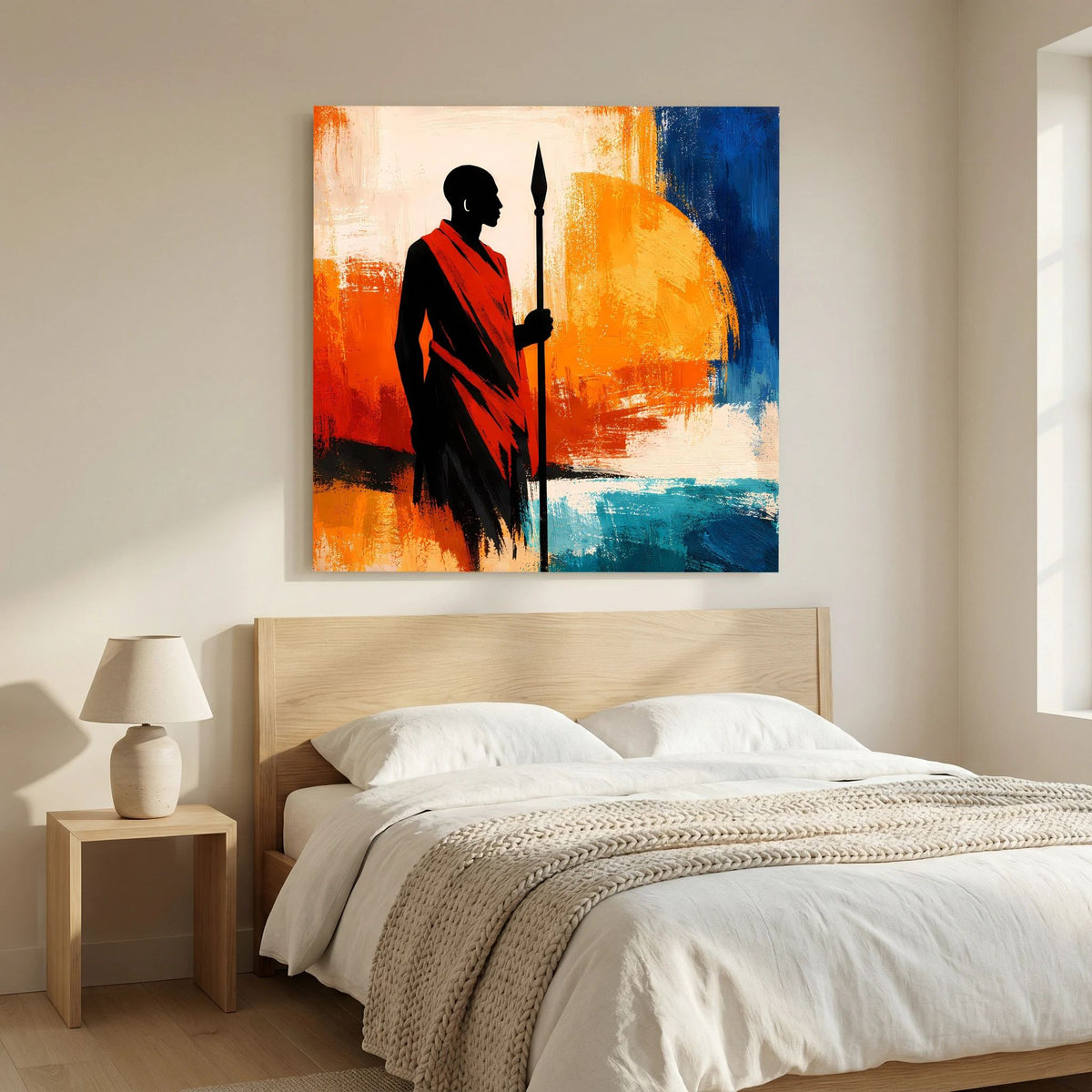Quadratisches Wandbild mit Krieger-Silhouette, roter Umhang, Speer, vor orange-blauen Pinselstrichen.