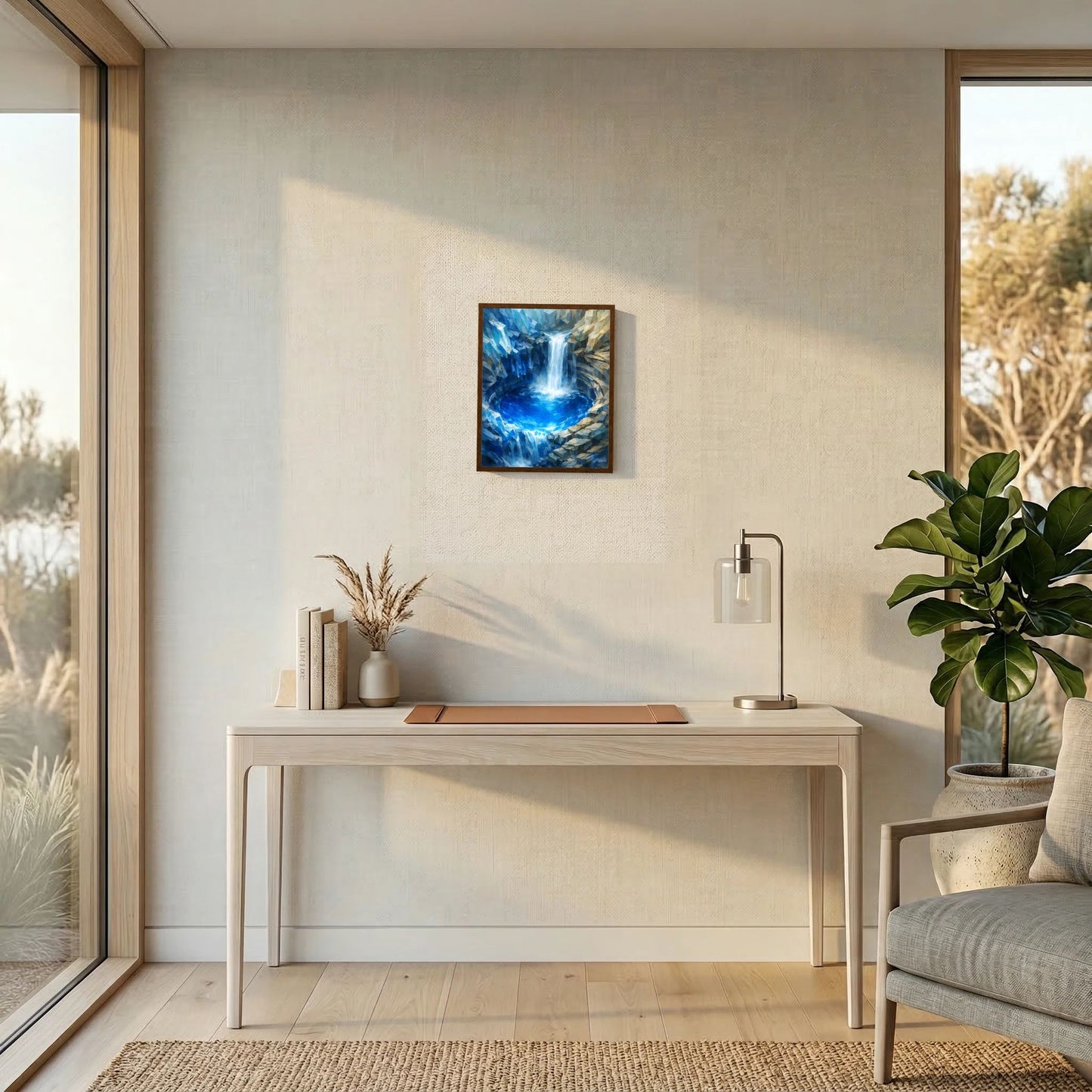 Gerahmtes Poster mit blauem Wasserfall, türkis leuchtendem Pool und Felsstruktur