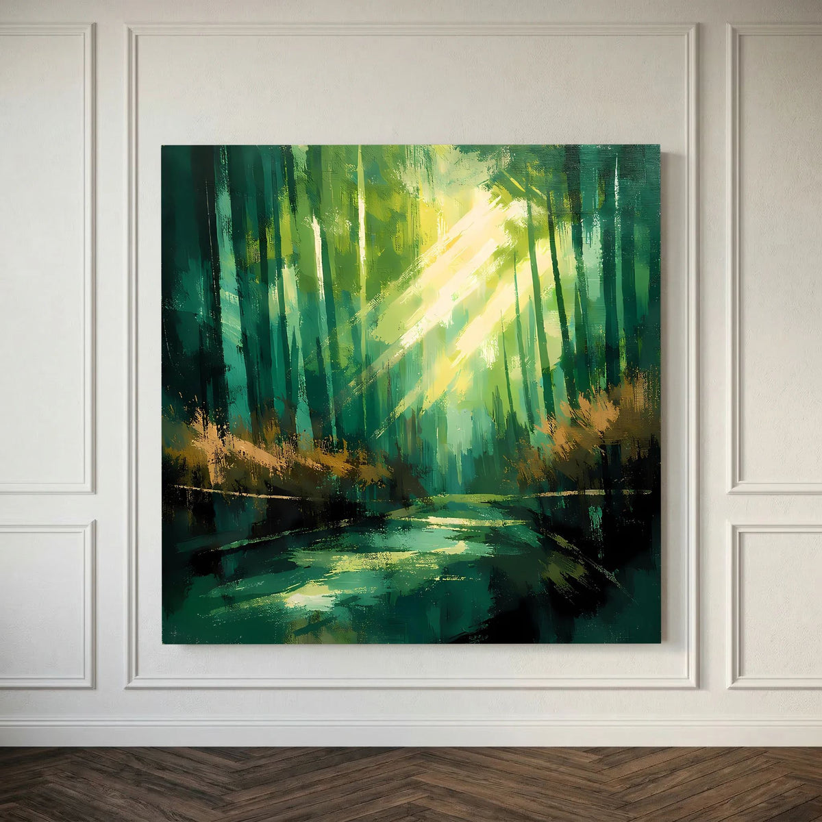 Abstraktes Leinwand-Wandbild: grüner Wald, leuchtender Lichtschein und schmaler Fluss