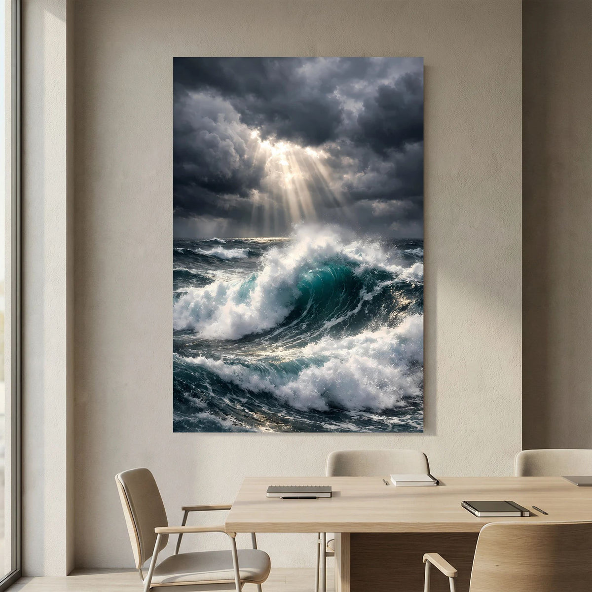 Wandbild mit Sturmmeer, kräftiger Sogwelle und Gischtwirbeln im dunklen Wolkengewand