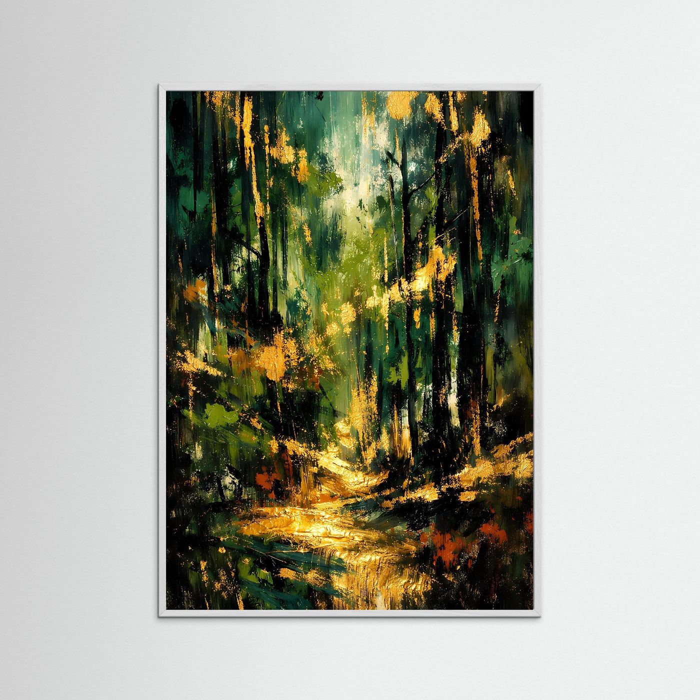 Naturposter im Hochformat: abstrakter Wald mit Smaragdgrün und Gold, weiß gerahmt