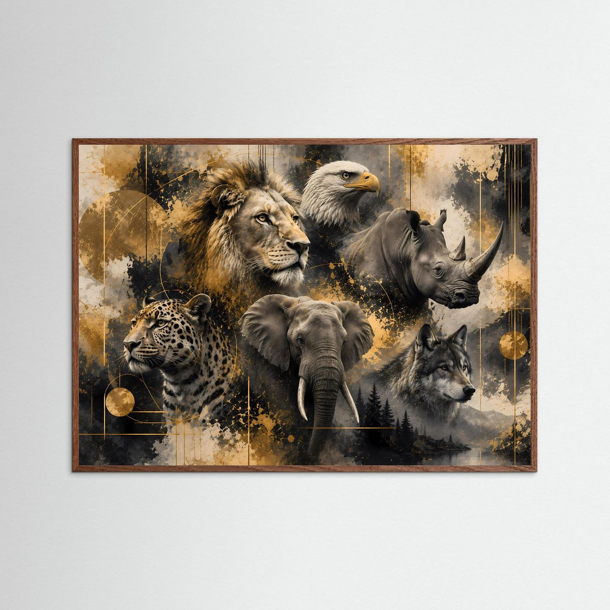 Querformatiges Wildtier-Poster mit hellerem Holzrahmen: Löwe, Elefant, Nashorn, Wolf, Adler