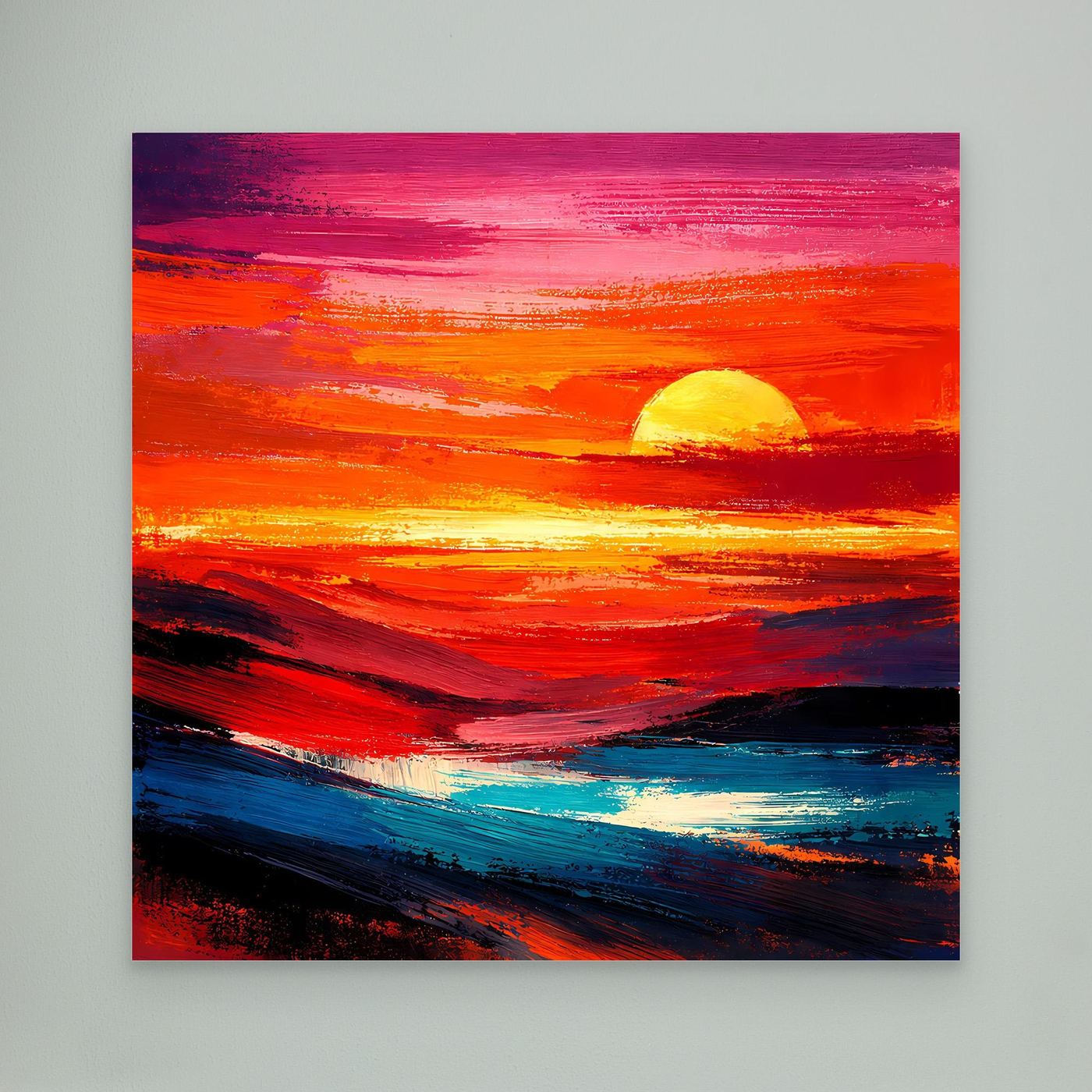 Leinwandbild abstraktes Meer mit Sonnenuntergang, orangefarbener Himmel, weißer Rand