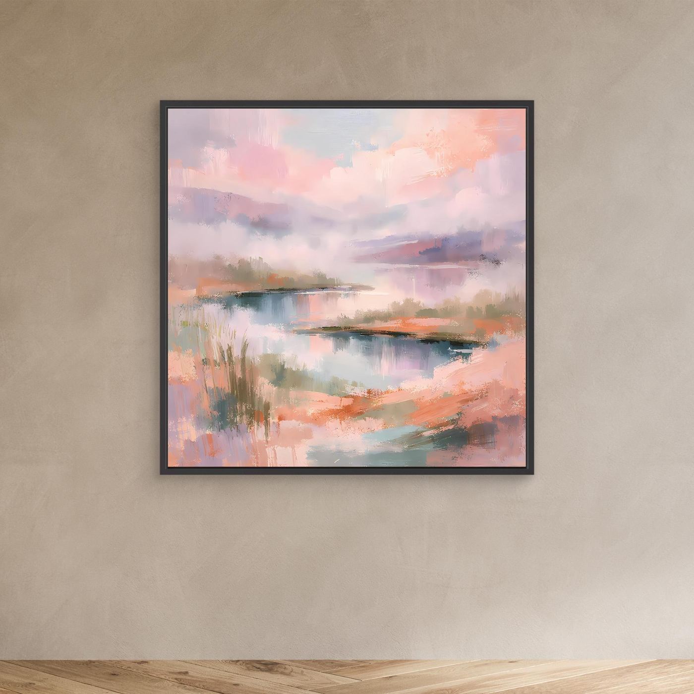 Abstraktes Leinwand-Wandbild mit Pastell-See und Ufer, schwarzer Rahmen
