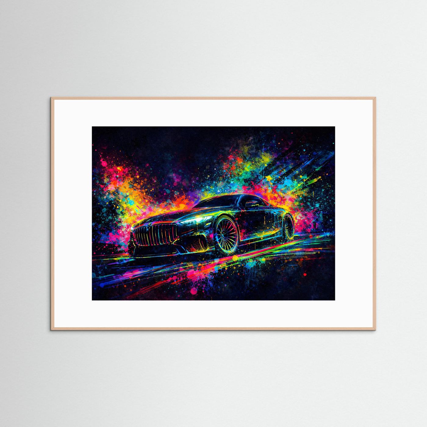 Neon-Artprint: abstraktes Sportwagen-Gemälde im hellbraunen Holzrahmen, Querformat