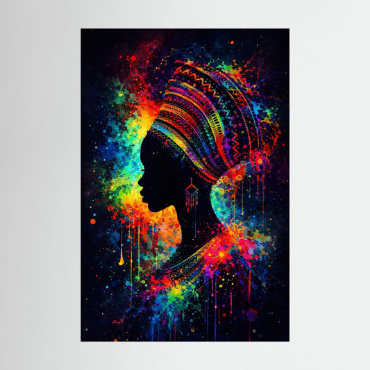Hochformatiges Poster: Silhouette einer afrikanischen Frau mit Kopfschmuck, bunte Farb-Spritzer