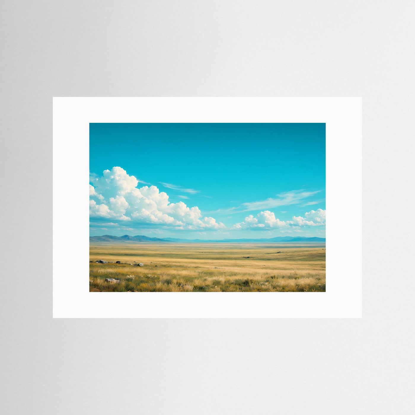 Landschafts-Panorama-Poster ohne Rahmen, mit weißem Passepartout und Steppe am Horizont