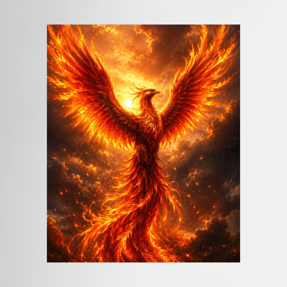 Hochformat-Poster: Phönix in Feuer mit weit ausgebreiteten gold-orangen Flügeln