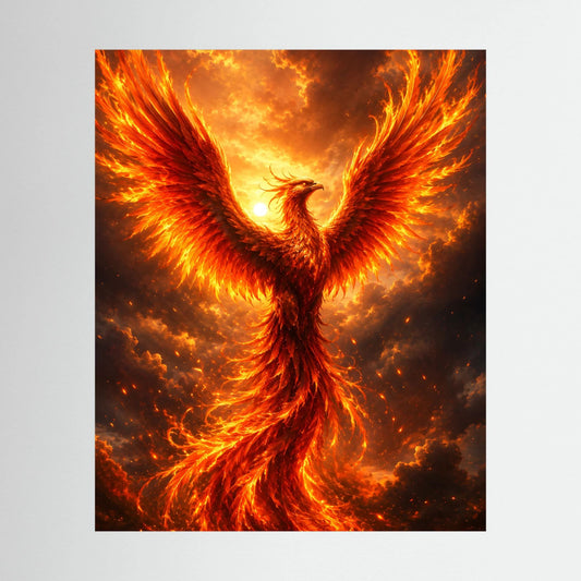 Hochformat-Poster: Phönix in Feuer mit weit ausgebreiteten gold-orangen Flügeln
