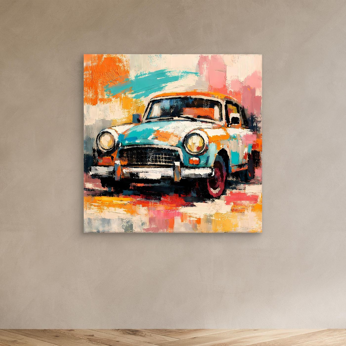 Abstract vintage car canvas wall art with no visible frame, colorful brushstrokes