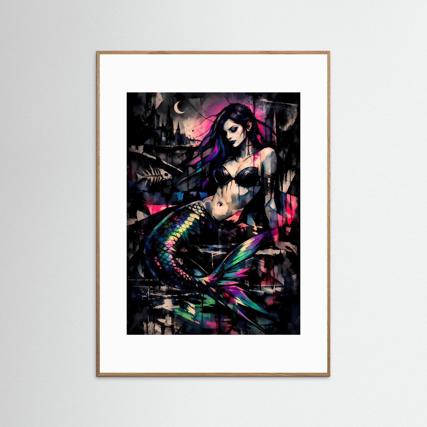 The Dark Mermaid | Luxuriöses Meerjungfrauen Poster Bunt & Schwarz | Abstraktes Sirenen Kunstposter Hochformat