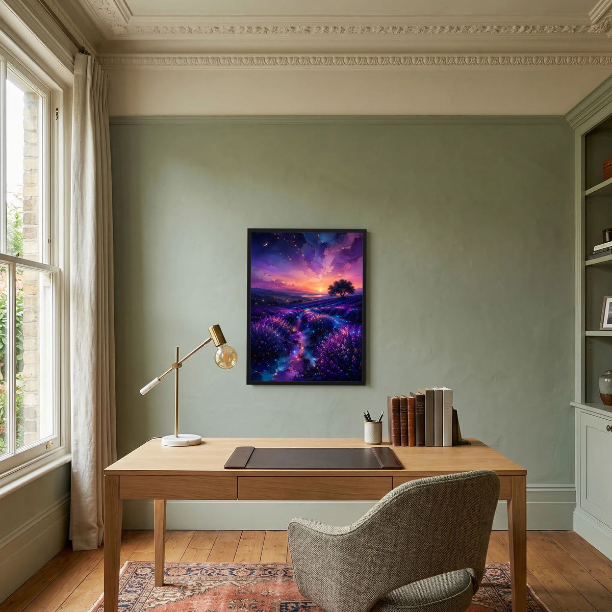 Hochformatiges Poster mit violettem Lavendelfeld und blauem Pfad bei Sonnenuntergang