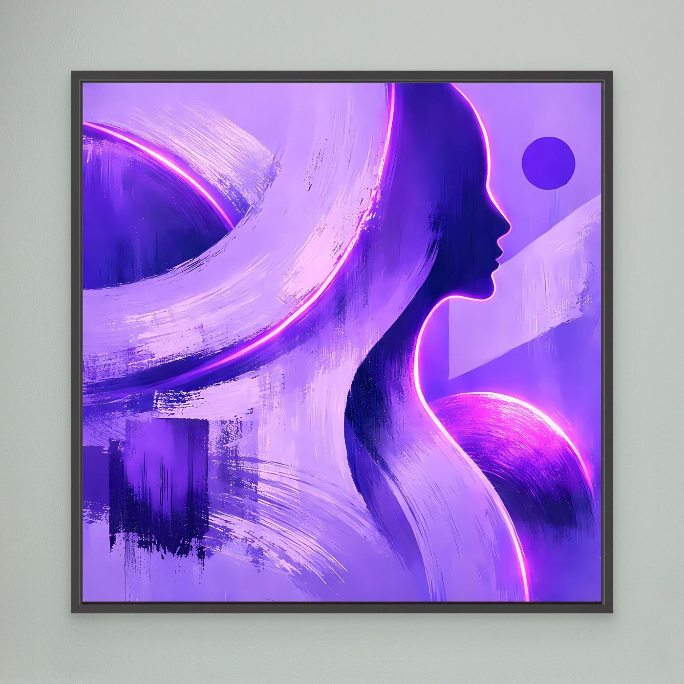 Leinwandbild mit abstrakter Frauen-Silhouette, lila Neon-Highlights, schwarzer Rahmen