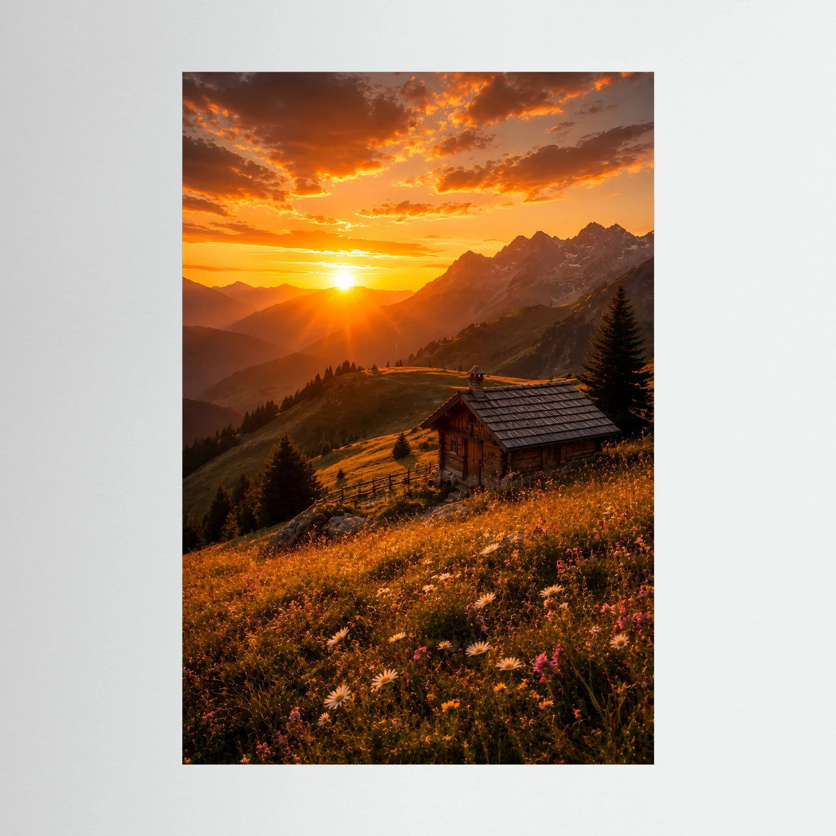 Hochformat-Poster mit Alpenhütte im Sonnenuntergang und Sonnenstrahlen über Bergen