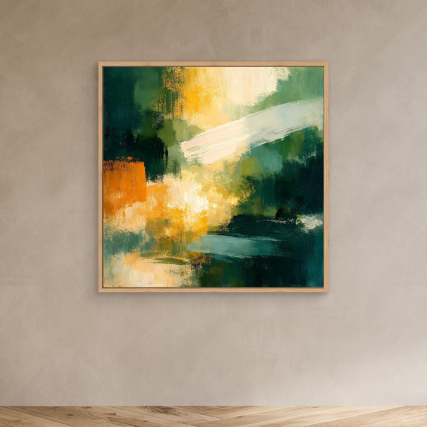 Abstraktes Leinwand-Wandbild, grün-gelb-orangenes Motiv mit hellen Akzenten, Eichenrahmen