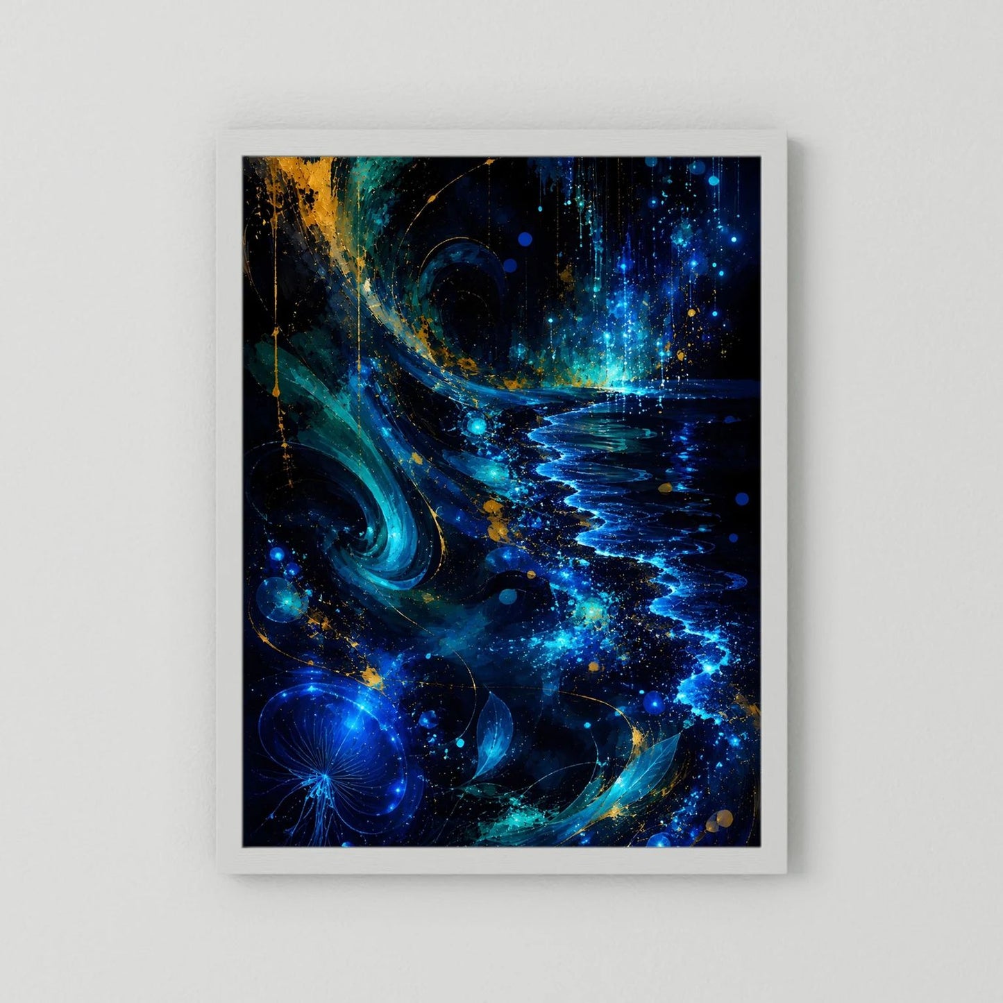 Hochformat-Poster mit abstrakten blauen und goldenen Wellen, weißer Rahmen.