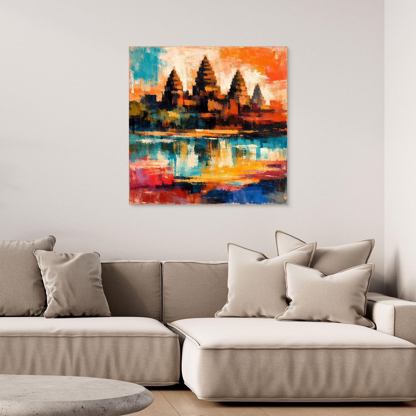 Abstraktes Leinwand-Wandbild mit Maya-Pyramide am Wasser, ohne sichtbaren Rahmen