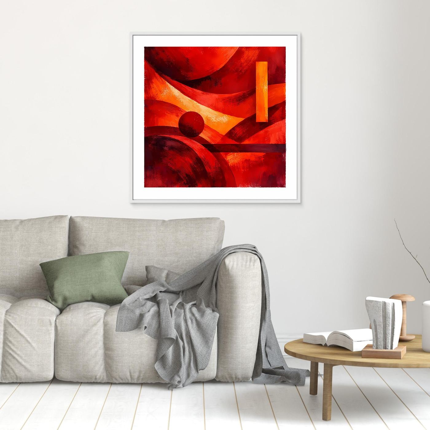 Kleines gerahmtes Leinwandbild mit abstraktem Rot-Orange-Motiv, schwarzer Kreis, weißer Rahmen