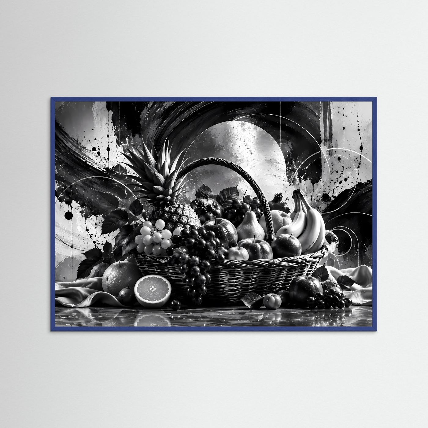 Schwarz-Weiß Obstkorb Poster | Modernes Stillleben Wandbild | Monochrome Früchte Kunst | Elegante Küchen Deko | Abstrakte Wall Art