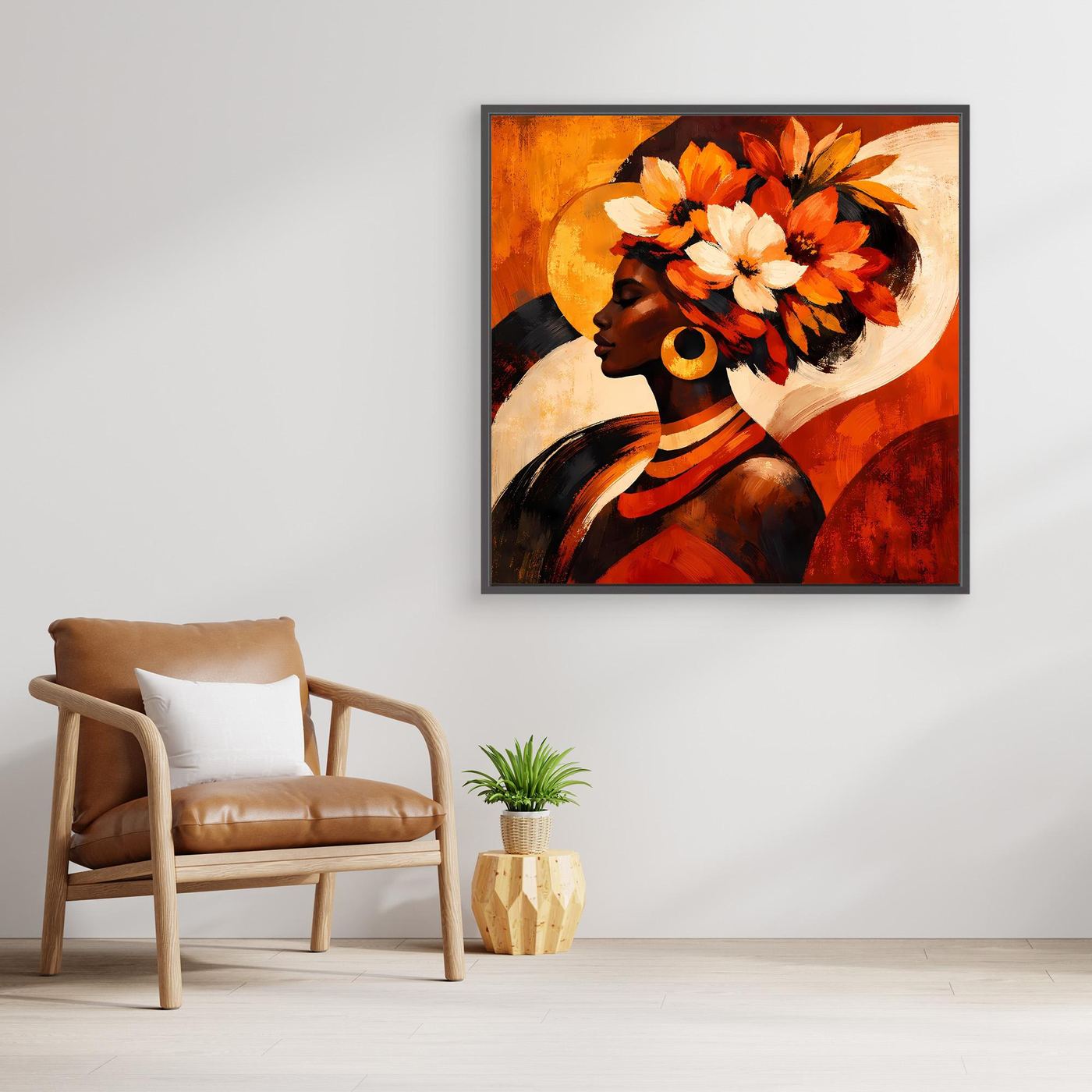 Leinwandbild mit Rahmen: stilisiertes Porträt mit Blumenkranz, orange-rote Farbtöne