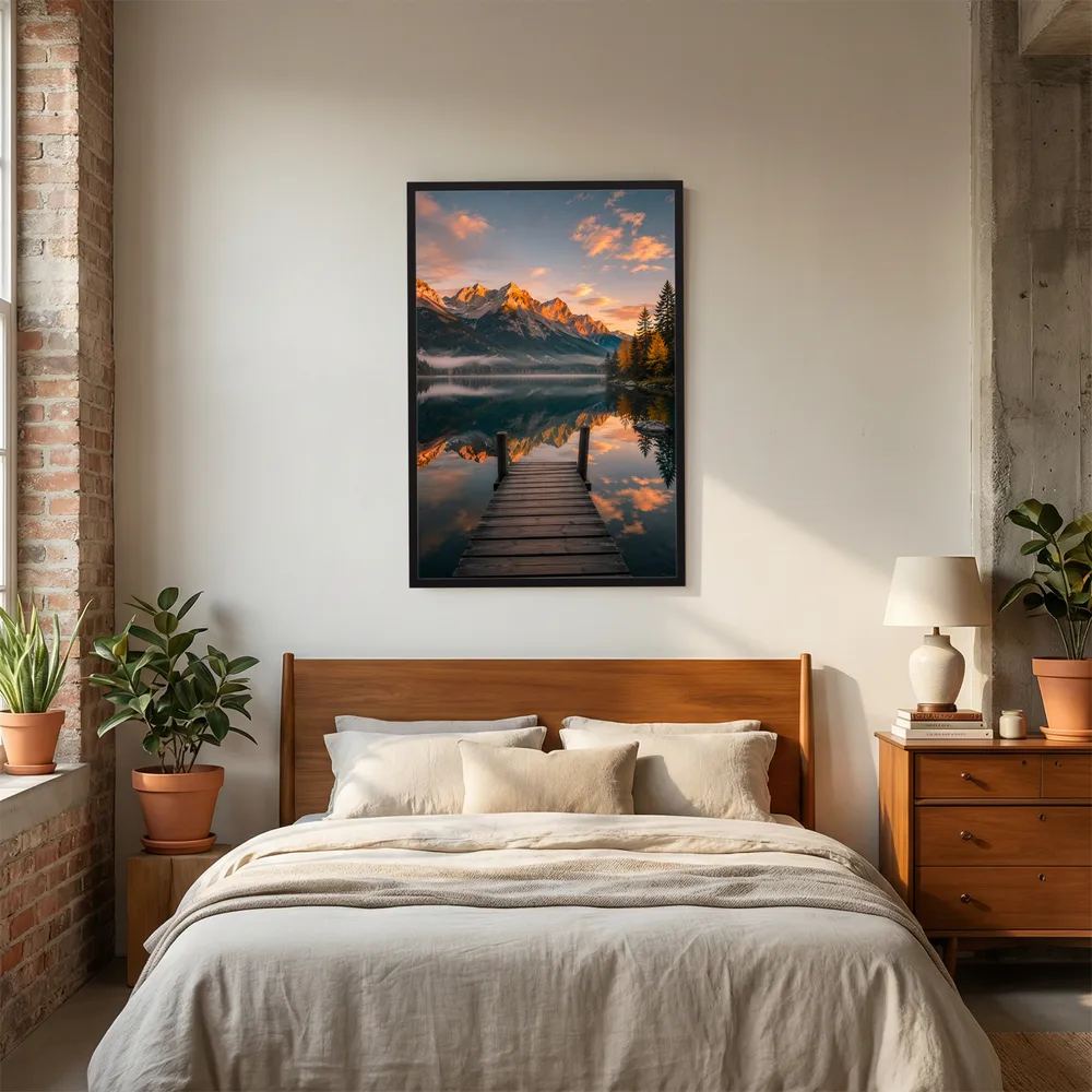 Hochformatiges Kunstposter mit schwarzem Rahmen: Holzsteg und Bergsee mit Spiegelung.
