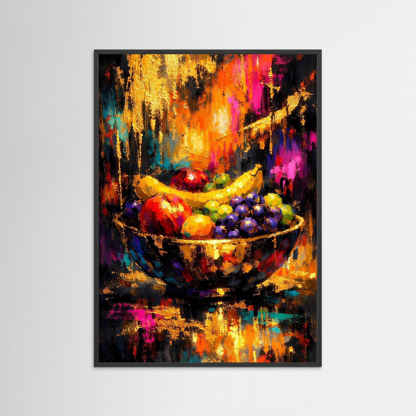 Abstraktes Stillleben-Poster: Obstschale mit bunten Früchten, schwarzer Rahmen