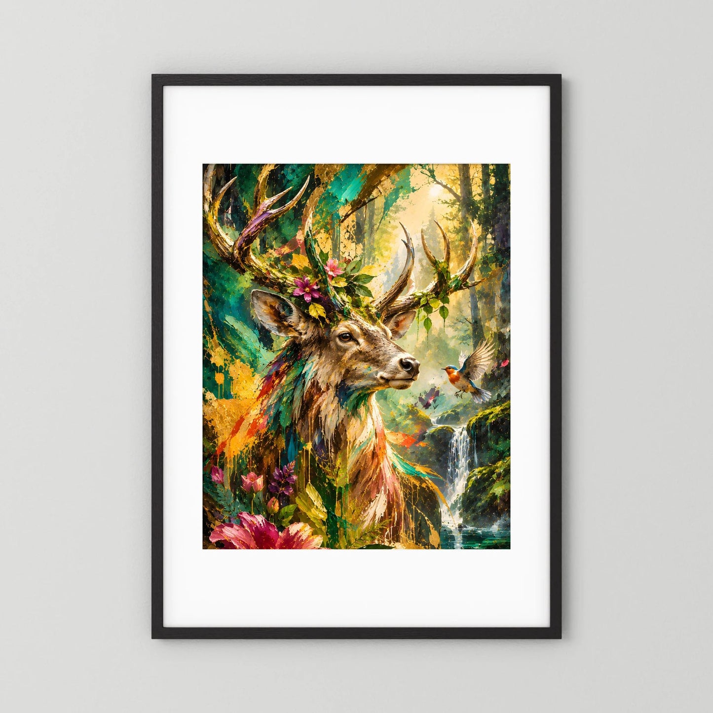 Hochformatiges Tierposter: Hirsch im Zauberwald mit Wasserfall, schwarzer Rahmen und Weißmatte