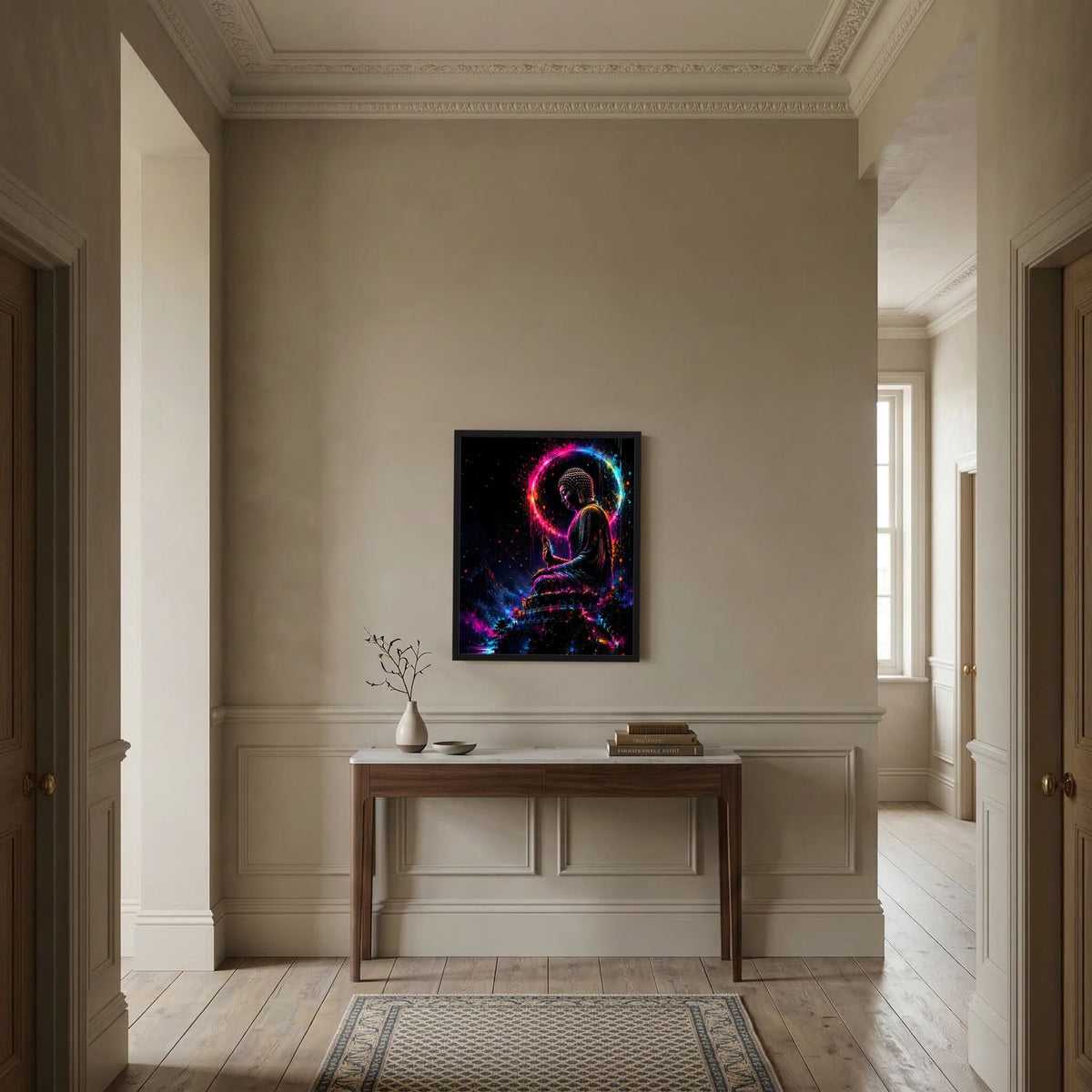Gerahmtes Kunstposter mit meditativen Buddha im Neonkreis, Akzente in Pink und Blau
