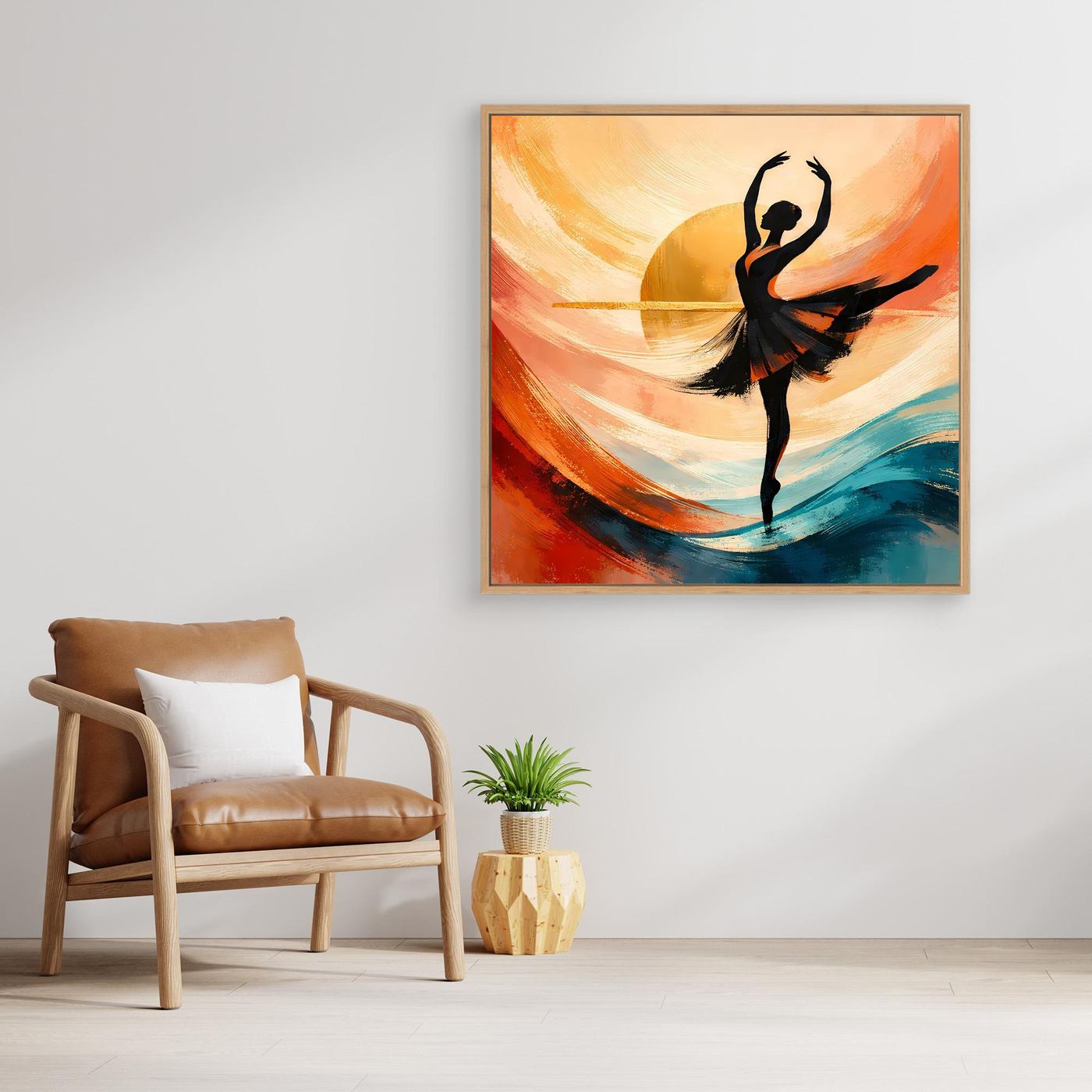 Wandbild mit schwarzer Ballerina-Silhouette auf abstraktem Leinwand-Design, gerahmt in hellem Holz