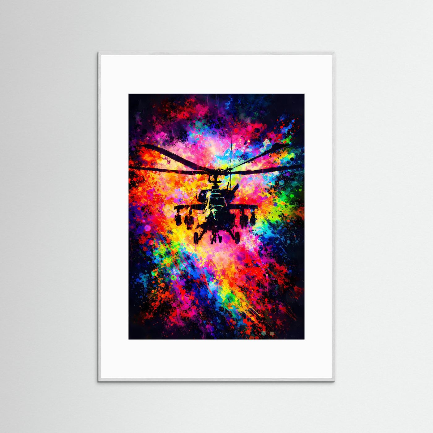 Explosive Dynamik | Helikopter Poster in bunten Neon-Farben & Graffiti-Optik | Abstraktes Kunstposter Hochformat
