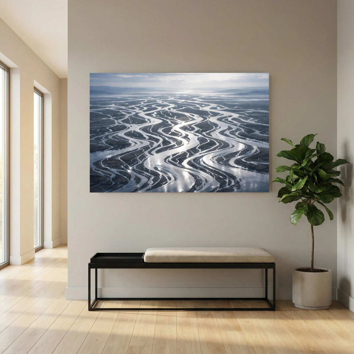 Wandbild im Querformat: Flussdelta-Motiv aus der Vogelperspektive, blau-grau