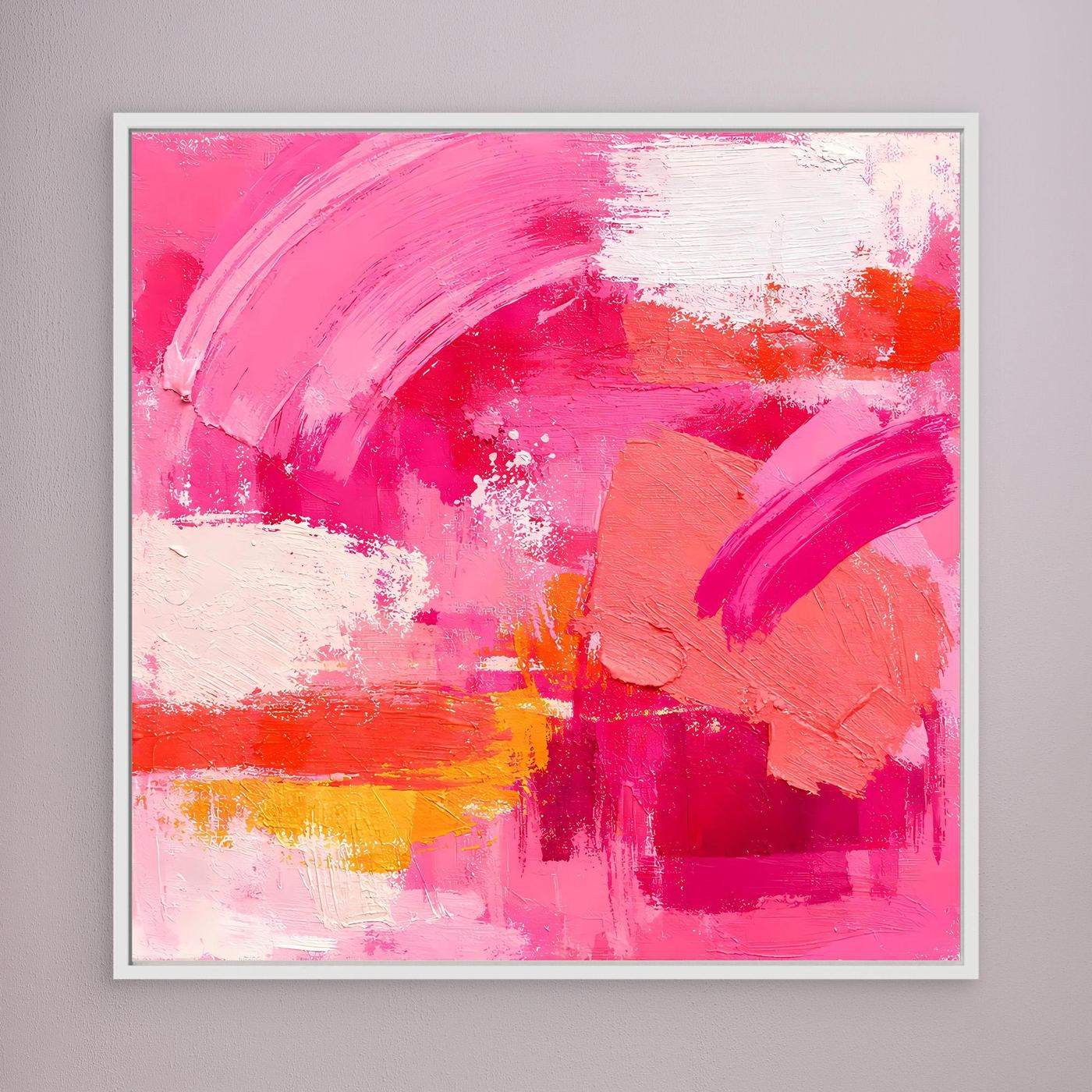 Leinwand-Wandbild mit abstrakten Pinselstrichen in Pink, Weiß und Orange; weißer Rahmen