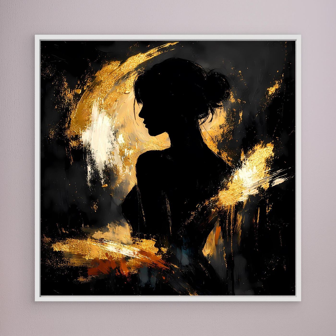 Leinwand Elegante Silhouette in Gold und Schwarz | Modernes Abstraktes Frauen Portrait Wandbild