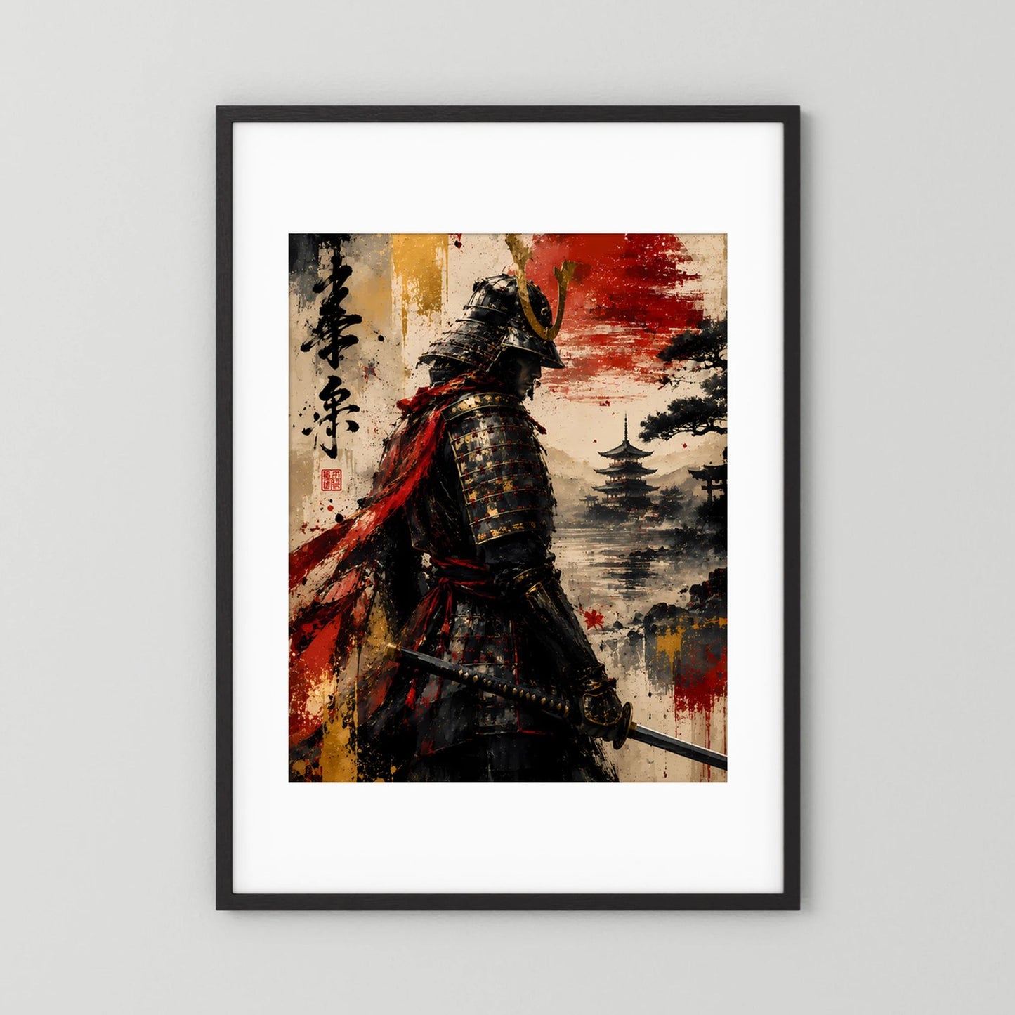 Gerahmtes Samurai-Poster mit schwarzem Rahmen: Krieger in dunkler Rüstung, roter Umhang, Katana