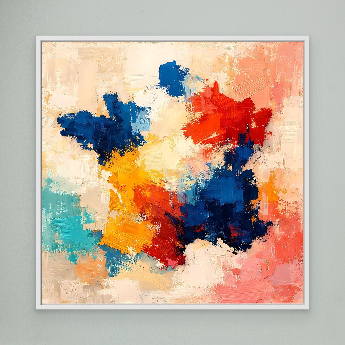 Abstract France map canvas wall art with blue, red, orange paint strokes, white frame