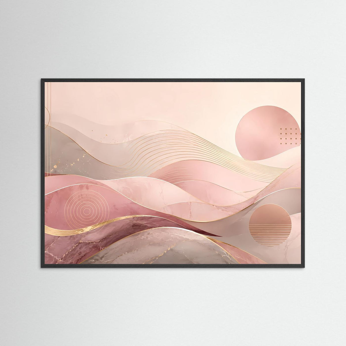 Abstraktes Wellen-Poster querformat mit rosa und Gold in schwarzem Rahmen