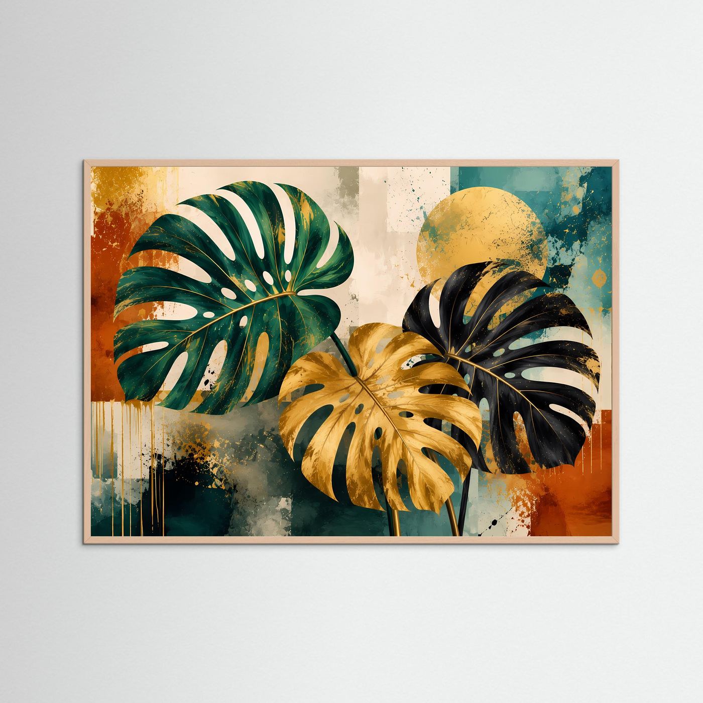 Luxuriöse Monstera Blätter in Grün, Gold & Schwarz | Abstrakte Botanische Kunst – Modernes Poster Querformat