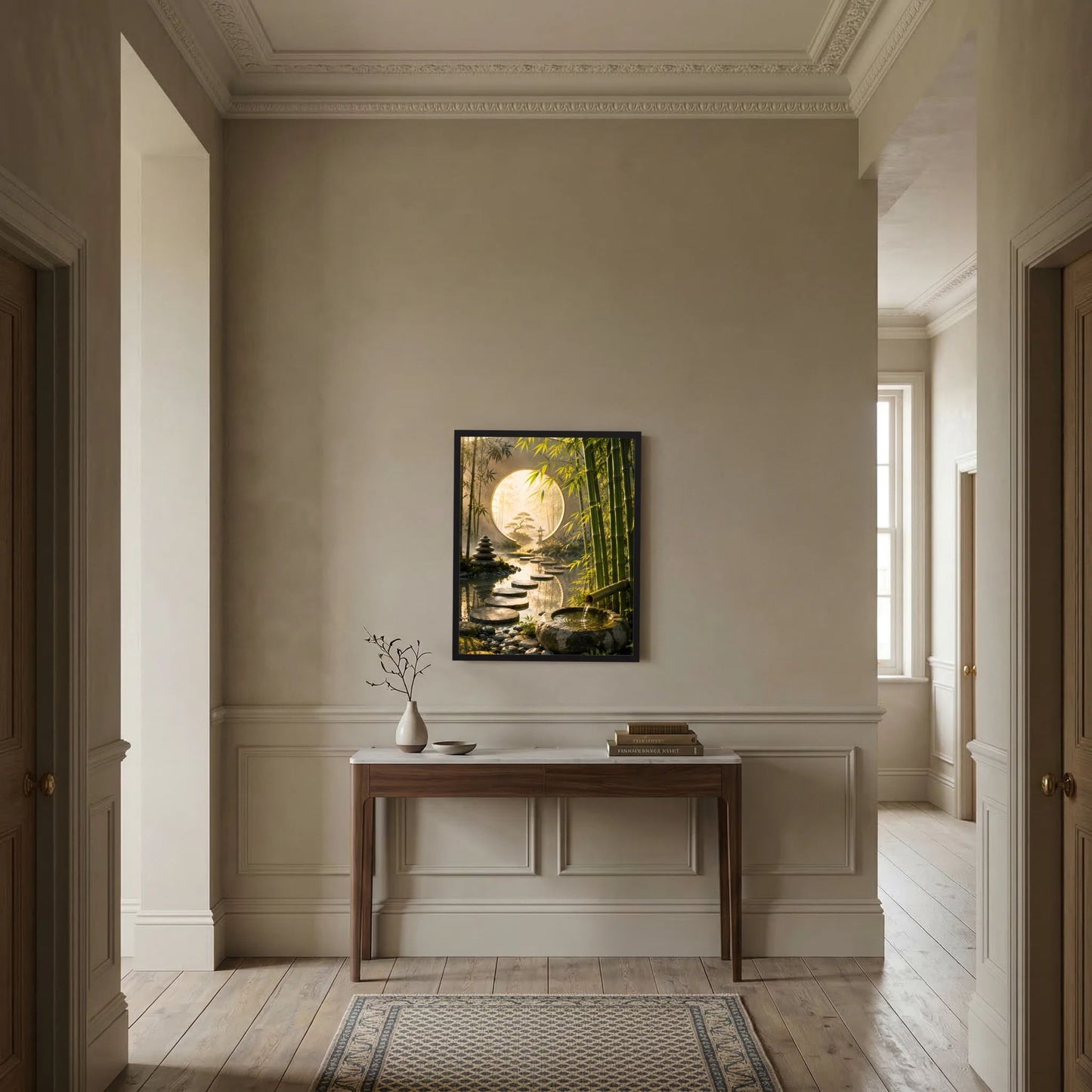 Zen-Garten-Poster im Hochformat mit schwarzem Rahmen, rundes Mondtor über Landschaft