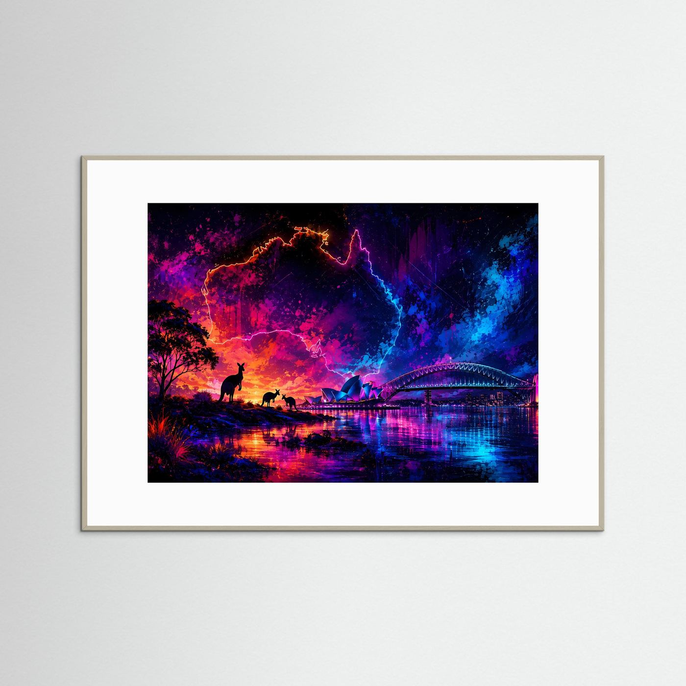 Sydney Skyline mit Kängurus im Neonstil | Abstraktes Australien Poster Querformat