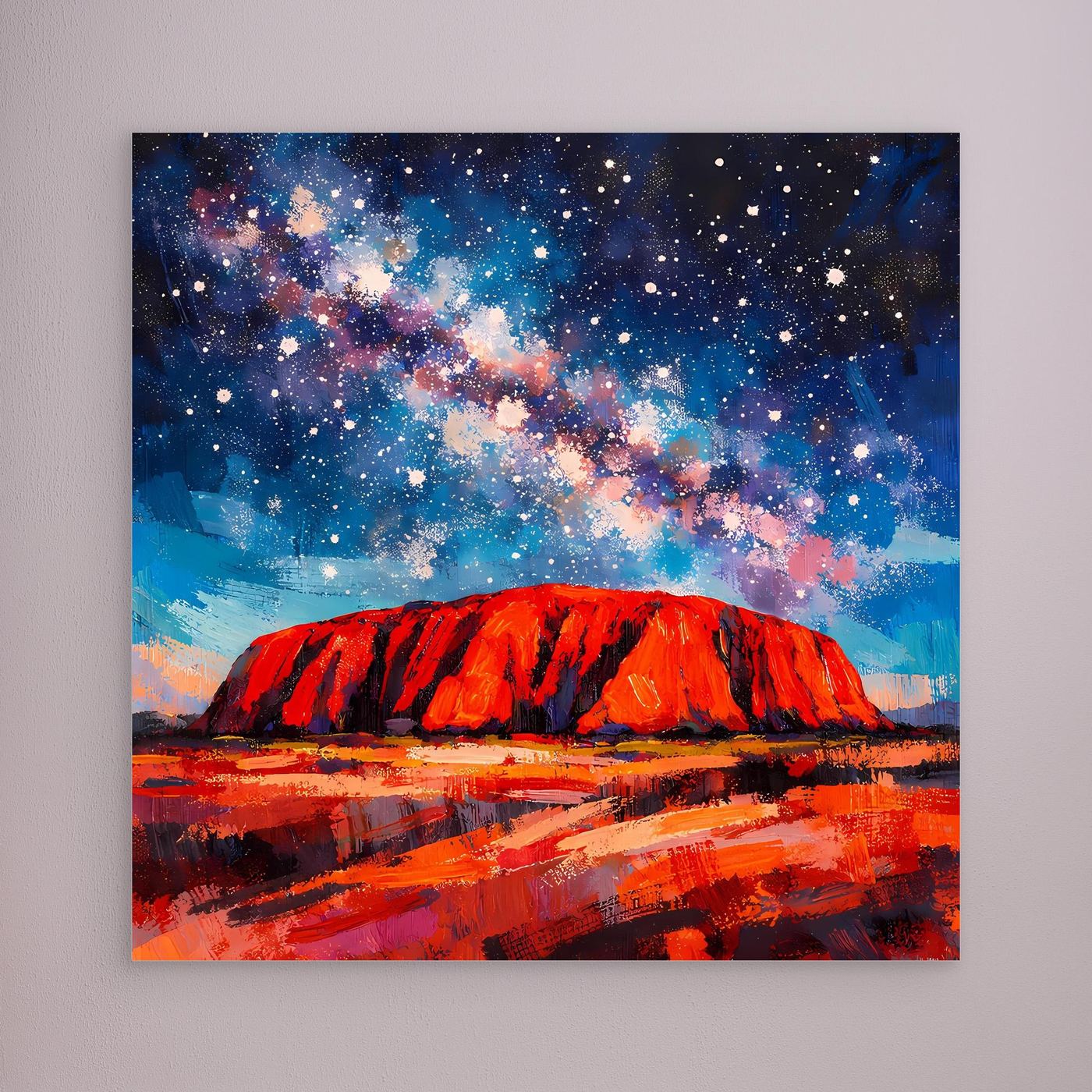 Leinwandbild mit Sternenhimmel und rotem Uluru, abstrakter Farbauftrag