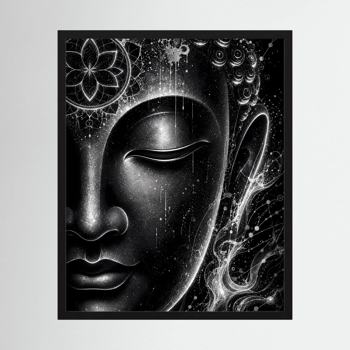 Schwarz gerahmtes Buddha-Poster im Hochformat mit Mandala und Lichtwirbeln in Schwarzweiß