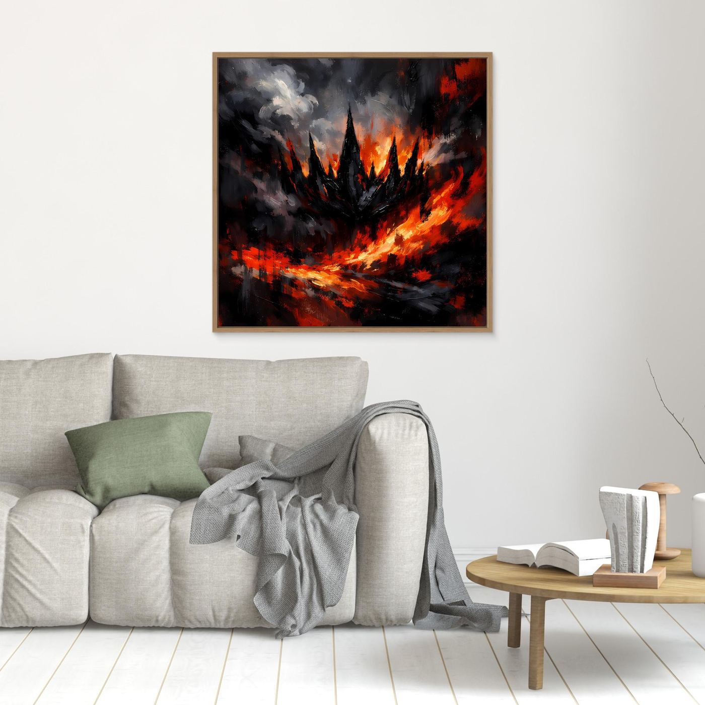 Abstraktes Fantasy-Wandbild mit Flammen und dunkler Festung, goldbrauner Holzrahmen