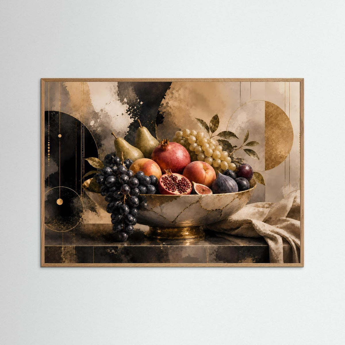 Obstposter im hellem Holzrahmen: Schale mit Trauben und Granatapfel, Querformat