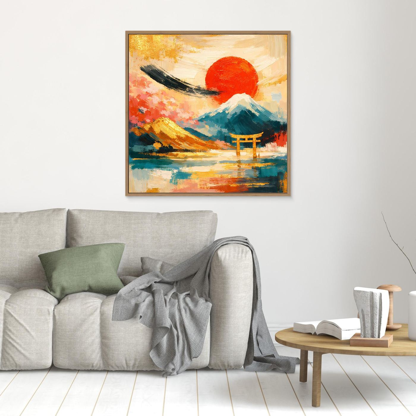 Kleines gerahmtes Leinwandbild: Torii-Tor vor Fuji, roter Sonnenkreis, goldbrauner Rahmen