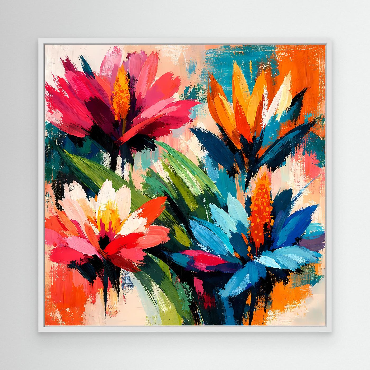 Abstract tropical flower wall art print with colorful blooms in a white frame