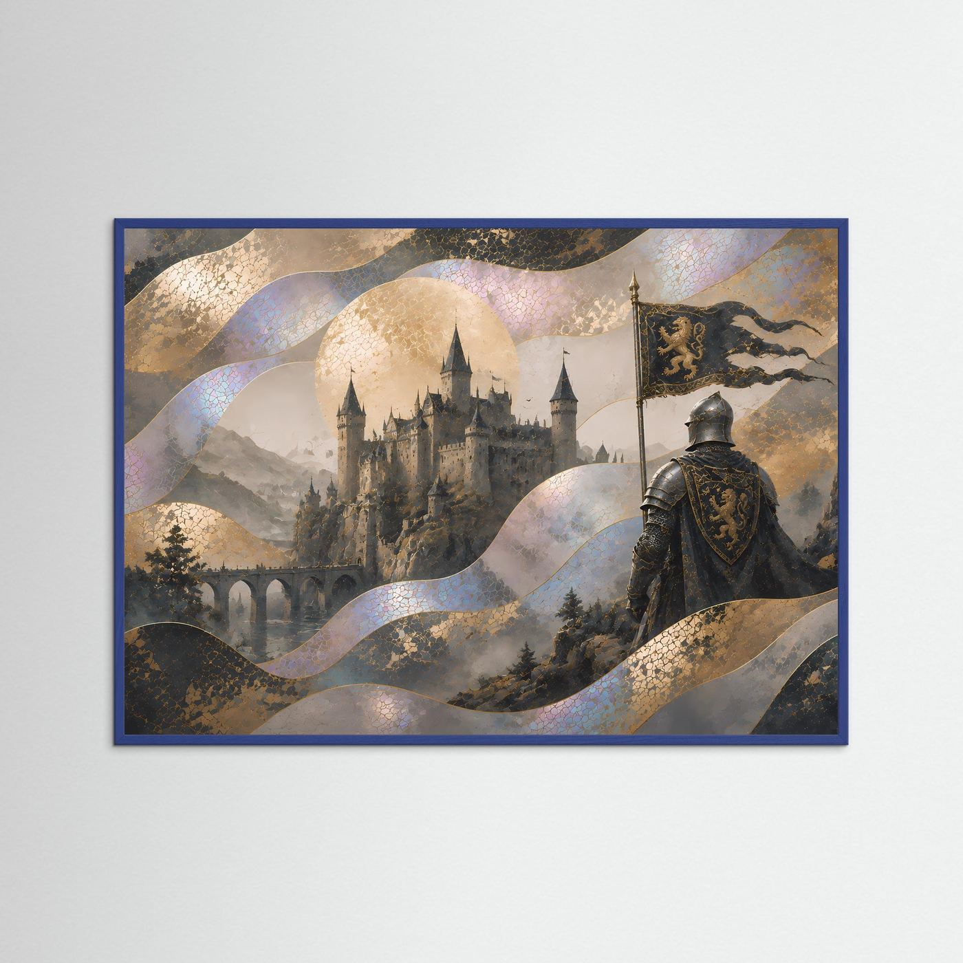 Mittelalter-Poster (Querformat) mit Burglandschaft, goldenen Wellen und Ritter im Vordergrund