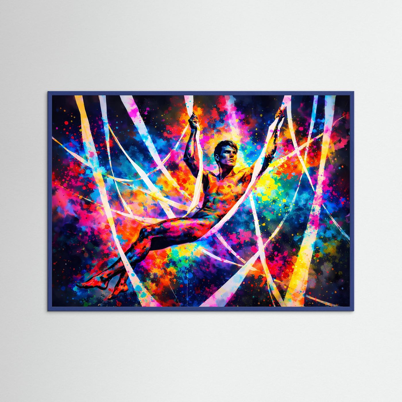 Querformatiges Kunstposter mit buntem Luftakrobatik-Tänzer, mit blauem Rahmen