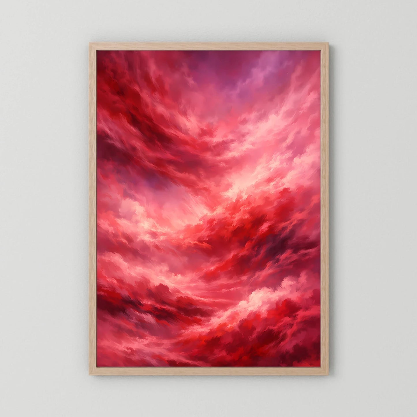 Hochformat-Poster mit rotem Wolkenhimmel, hellbrauner Holzrahmen.